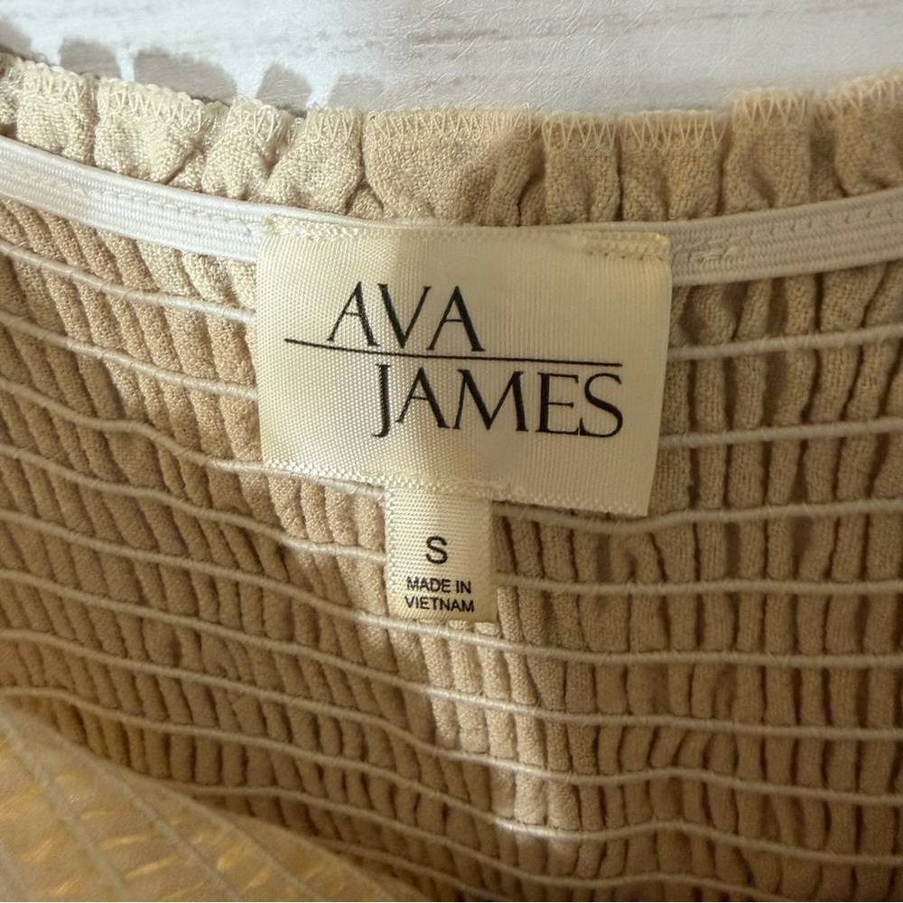 Ava James Beige Smocked Button-Front Linen Blend Midi Sundress Small Cream Tan - Picture 5 of 7